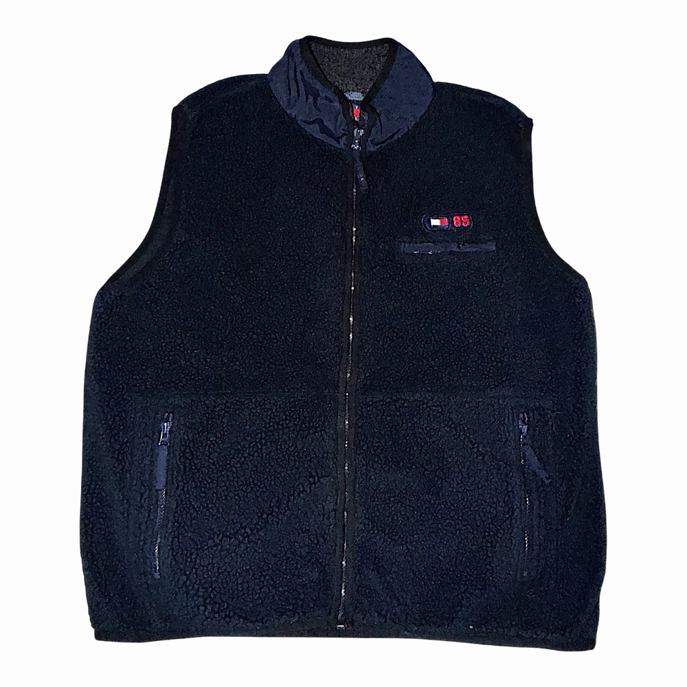 Vintage Tommy Hilfiger Men's Navy Blue Vest Fleece Full Zip Logo Pockets Sz XL